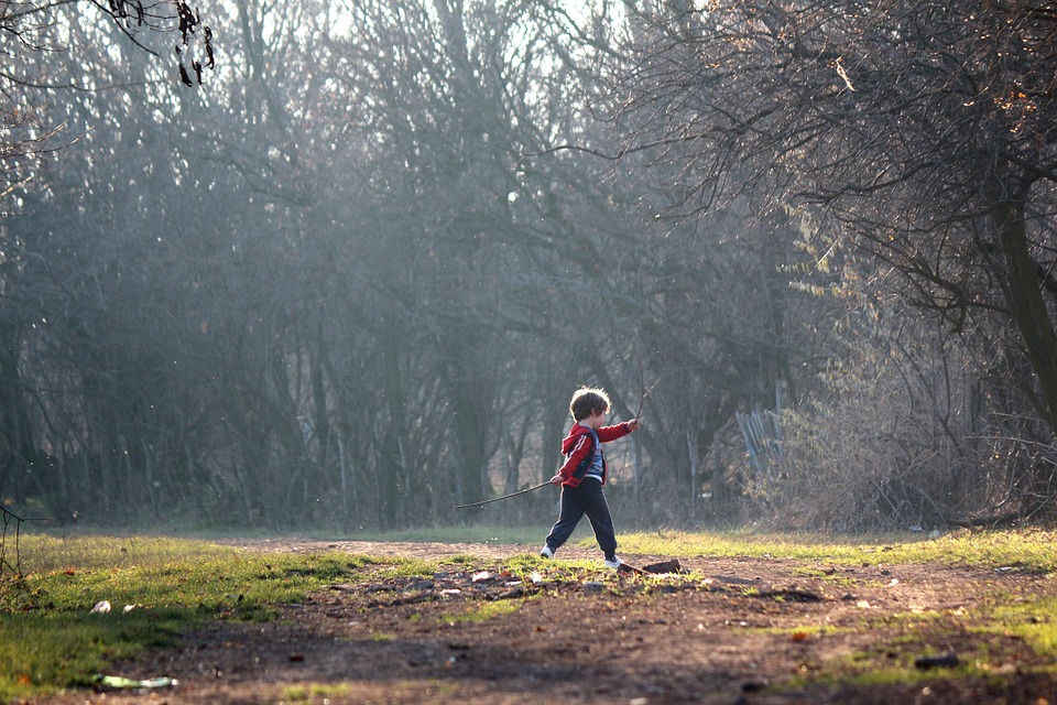 child plays in the middle of wooded and tree filled area. 